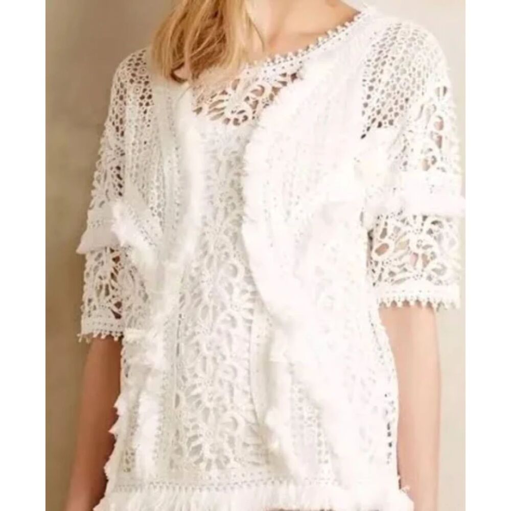 YOANA BARASCHI Women's White Cotton Fringe Eyelet Lace Sheer Blouse Size S